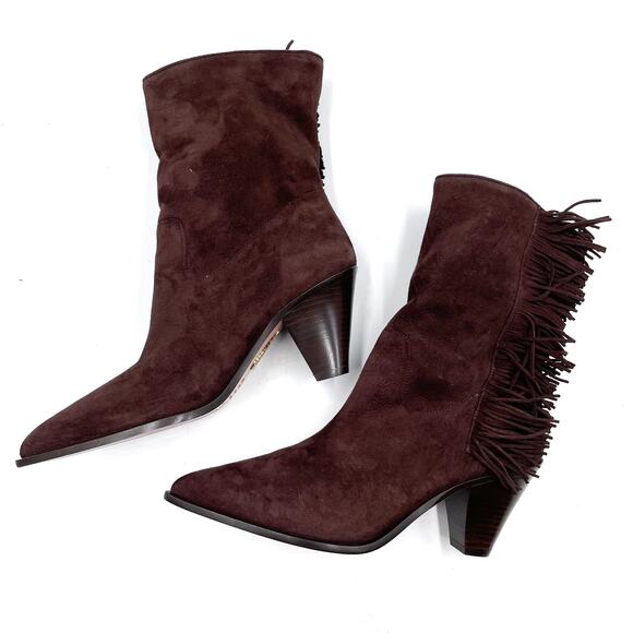 Aquazzura Marfa Fringed Western Boots Brown Suede Pointed Toe Heels Sz 38 / 8 - Picture 6 of 10
